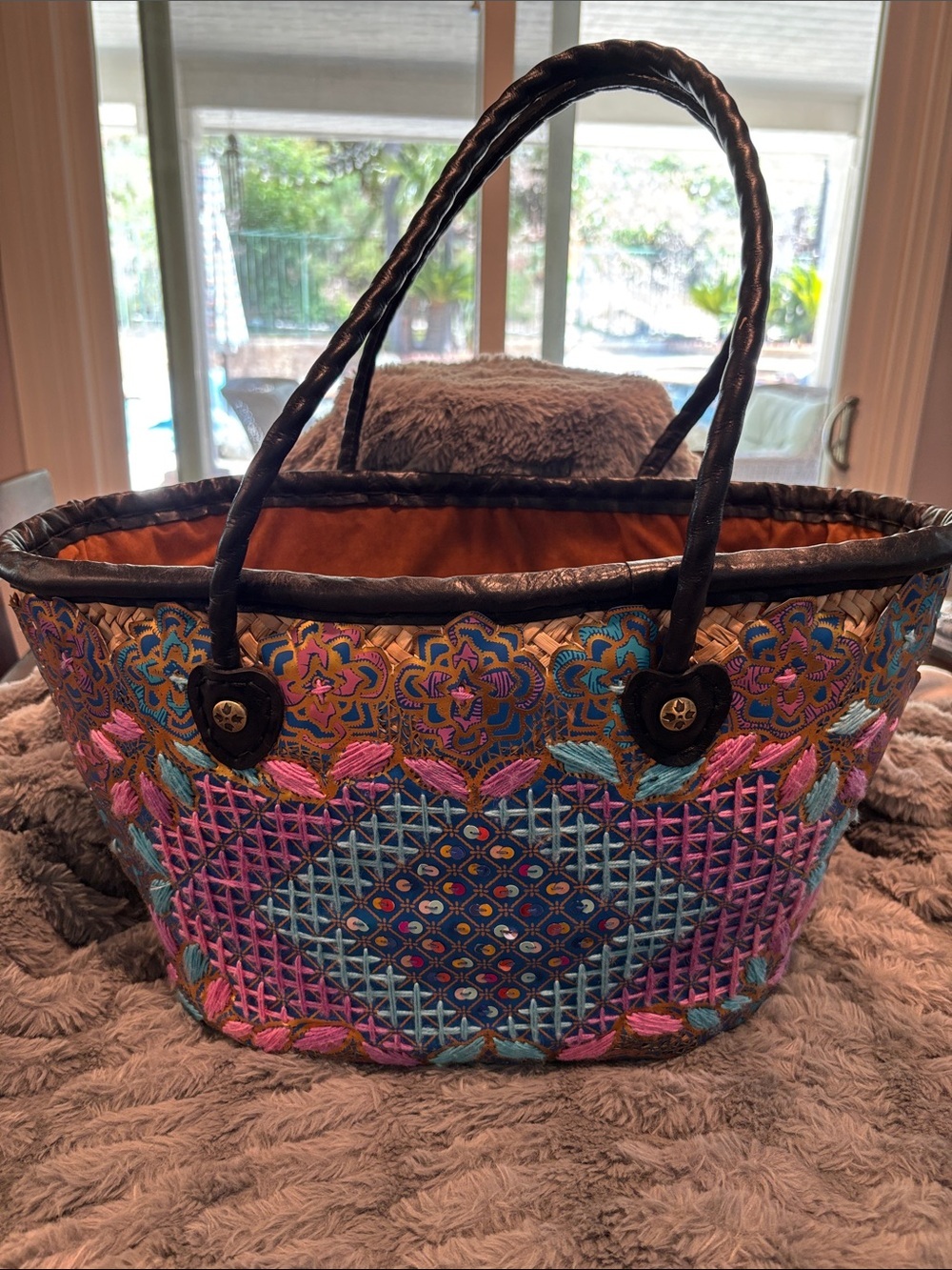 Patricia Nash Handcrafted Multicolor Farmers Basket Embroidered Tote